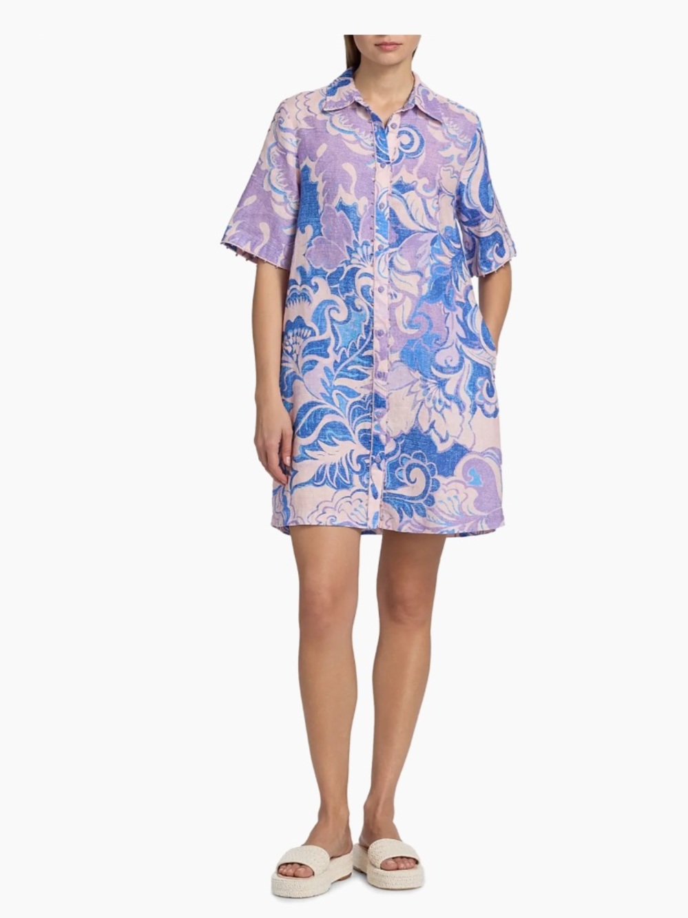 Johnny Was Ravena LinenWomen's Lavender & Blue Printed Shirt Dress